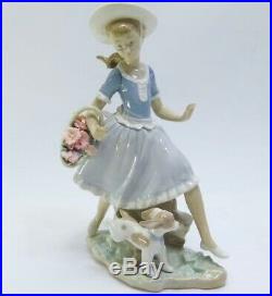 1974 Lladro #4920 Mirth In The Country Girl Running With Dog & Flower Basket