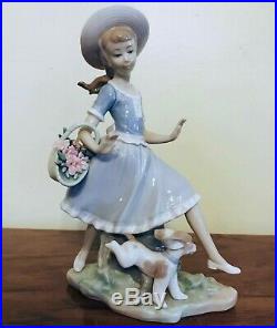 1974 Lladro #4920 Mirth In The Country Girl Running With Dog & Flower Basket