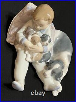 1987 NAO LLADRO Daisa Sweet Dreams Boy Holding 3 Puppies with Mother Dog #1535