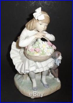 8-3/4 tall Lladro Porcelain Sitting Girl with Flower Basket and Dog #1088