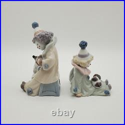 A Pair of Vintage Lladro Porcelain Clown with Dog Figurines #5279 and #5277