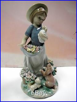 A Romp In The Garden Girl With Flowers And Puppy Dogs Figurine By Lladro #6907