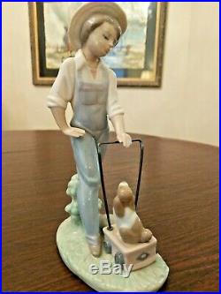 Adorable Lladro # 6021 SATURDAYS CHILD LIttle Boy with His Dog and Wagon