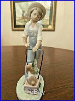 Adorable Lladro # 6021 SATURDAYS CHILD LIttle Boy with His Dog and Wagon