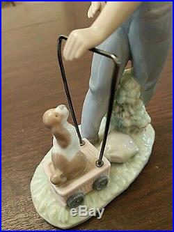 Adorable Lladro # 6021 SATURDAYS CHILD LIttle Boy with His Dog and Wagon