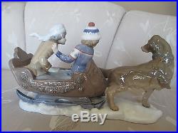 Beautiful LLADRO Sleigh Ride Dog Pulling Boy & Girl Figurine