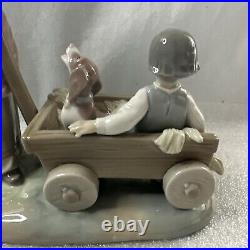 Beautiful Lladro Girl Pulling Boy & Dog In Wagon Figurine