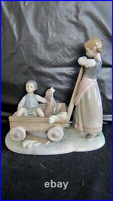 Beautiful Lladro Girl Pulling Boy & Dog In Wagon Figurine Scarce