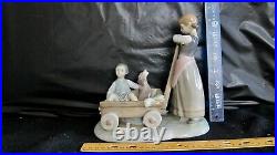 Beautiful Lladro Girl Pulling Boy & Dog In Wagon Figurine Scarce