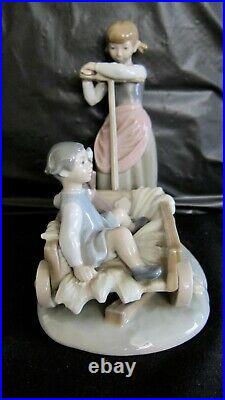 Beautiful Lladro Girl Pulling Boy & Dog In Wagon Figurine Scarce