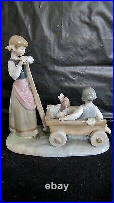 Beautiful Lladro Girl Pulling Boy & Dog In Wagon Figurine Scarce