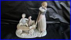 Beautiful Lladro Girl Pulling Boy & Dog In Wagon Figurine Scarce