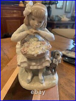 Beautiful Lladro Girl Sitting In Chair With Flower Basket & Dog Figure