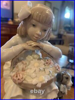 Beautiful Lladro Girl Sitting In Chair With Flower Basket & Dog Figure