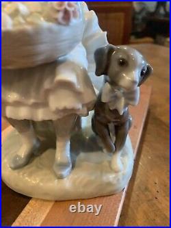 Beautiful Lladro Girl Sitting In Chair With Flower Basket & Dog Figure