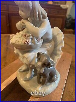 Beautiful Lladro Girl Sitting In Chair With Flower Basket & Dog Figure