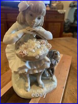 Beautiful Lladro Girl Sitting In Chair With Flower Basket & Dog Figure