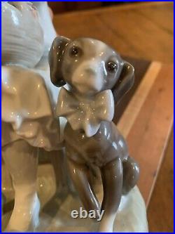 Beautiful Lladro Girl Sitting In Chair With Flower Basket & Dog Figure