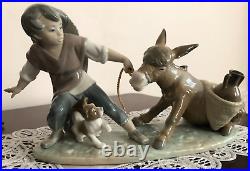 Boy & Dog Pulling Stubborn Donkey Lladro #5178 Juan Huerta