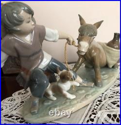 Boy & Dog Pulling Stubborn Donkey Lladro #5178 Juan Huerta