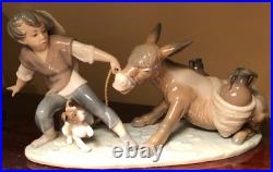 Boy & Dog Pulling Stubborn Donkey Lladro #5178 Juan Huerta