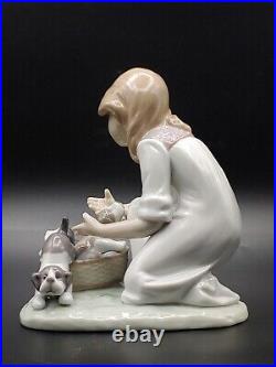 Excellent Vintage Lladro Joy In Basket Girl With Puppies Glossy Figurine Statue