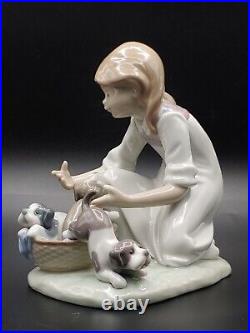 Excellent Vintage Lladro Joy In Basket Girl With Puppies Glossy Figurine Statue