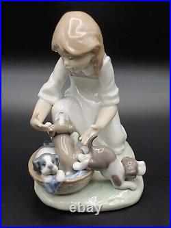 Excellent Vintage Lladro Joy In Basket Girl With Puppies Glossy Figurine Statue