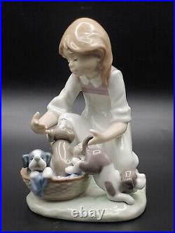 Excellent Vintage Lladro Joy In Basket Girl With Puppies Glossy Figurine Statue