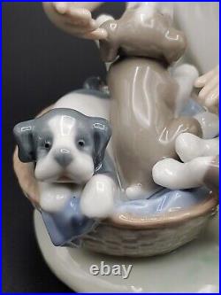 Excellent Vintage Lladro Joy In Basket Girl With Puppies Glossy Figurine Statue