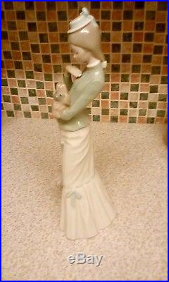 Genuine Lladro My Dog Lady With Parasol Holding Pekinese Dog 14 Inches Tall