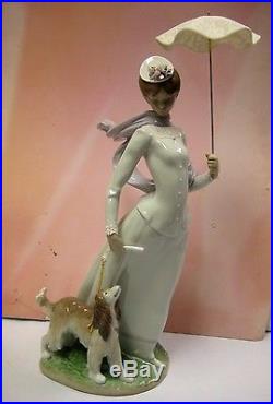Lady With Shawl Walking Puppy Dog With Umbrella By Lladro #8679