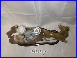 LARGE LLADRO 5037 SLEIGH, CHILDREN & DOG FIGURINE with WOOD BASE over 17