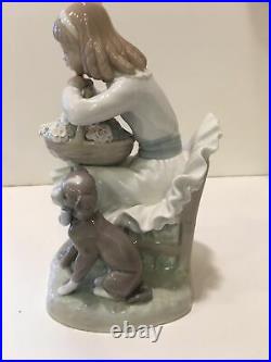 LLADRO 1088 Girl Sitting In Chair With A Flower Basket And Dog Figurine