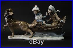 LLADRO 5037-RETIRED-FIGURINE-SLEIGH with CHILDREN and SLED-DOG