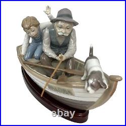 LLADRO #5215 Boy Fishing With Gramps & Dog Wooden Base Porcelain Figurine