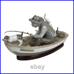 LLADRO #5215 Boy Fishing With Gramps & Dog Wooden Base Porcelain Figurine