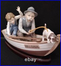 LLADRO #5215 FISHING WITH GRAMPS Gramps, Boy, Dog in Boat withWood Base