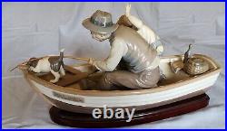 LLADRO #5215 FISHING WITH GRAMPS Gramps, Boy, Dog in Boat withWood Base