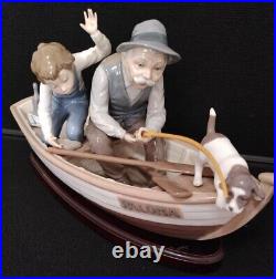 LLADRO #5215 FISHING WITH GRAMPS Gramps, Boy, Dog in Boat withWood Base