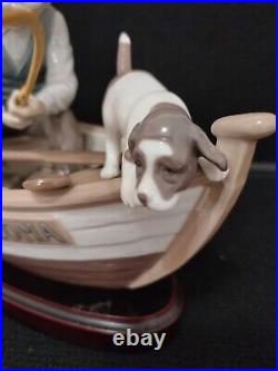 LLADRO #5215 FISHING WITH GRAMPS Gramps, Boy, Dog in Boat withWood Base