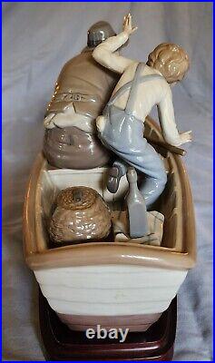 LLADRO #5215 FISHING WITH GRAMPS Gramps, Boy, Dog in Boat withWood Base