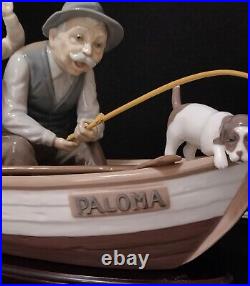 LLADRO #5215 FISHING WITH GRAMPS Gramps, Boy, Dog in Boat withWood Base