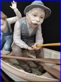 LLADRO #5215 FISHING WITH GRAMPS Gramps, Boy, Dog in Boat withWood Base