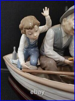 LLADRO #5215 FISHING WITH GRAMPS Gramps, Boy, Dog in Boat withWood Base