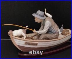 LLADRO #5215 FISHING WITH GRAMPS Gramps, Boy, Dog in Boat withWood Base