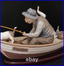 LLADRO #5215 FISHING WITH GRAMPS Gramps, Boy, Dog in Boat withWood Base