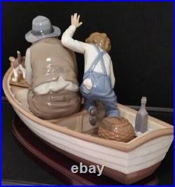 LLADRO #5215 FISHING WITH GRAMPS Gramps, Boy, Dog in Boat withWood Base