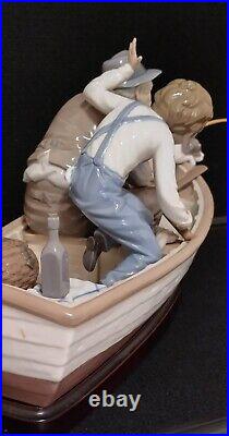 LLADRO #5215 FISHING WITH GRAMPS Gramps, Boy, Dog in Boat withWood Base