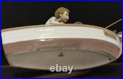 LLADRO #5215 FISHING WITH GRAMPS Gramps, Boy, Dog in Boat withWood Base